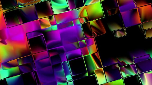 Vivid neon liquid glass blocks seamless loop. Abstract background. Glowing iridescent gradients pattern.