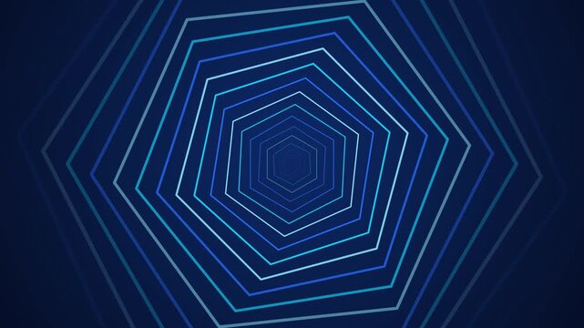 Abstract blue hexagon tunnel seamless loop, rotating concentric geometric lines spiral vortex, futuristic technology background