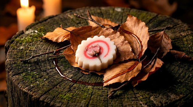 a narutomaki slice garnished with a single preserved sakura flower, resting on a bed of dry autumn leaves, with a thin stream of dark soy sauce drizzled around 