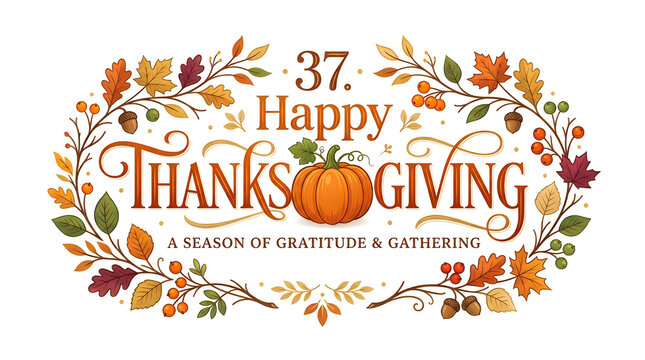 Decorative happy thanksgiving greeting card design featuring autumn leaves and a festive pumpkin illustration