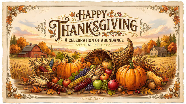 Vintage style happy thanksgiving greeting card with cornucopia and autumn harvest vegetables