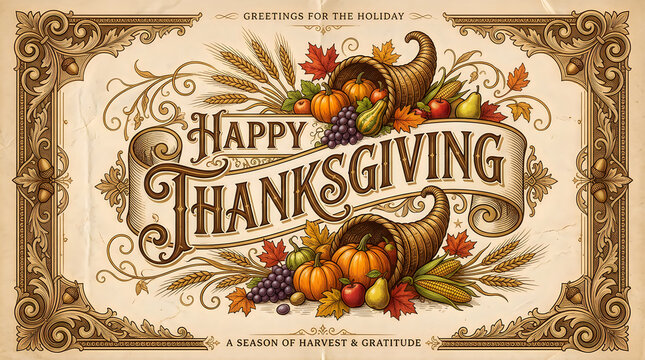 Vintage style happy thanksgiving greeting card with ornate frame and harvest cornucopia illustration