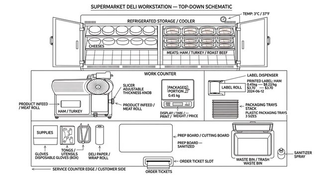 Supermarket shelf arrangement top down schematic white background.