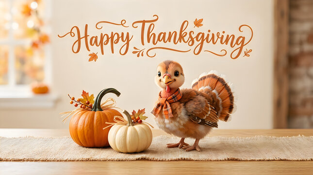 Happy thanksgiving greeting with decorative turkey figurine and miniature pumpkins on a table