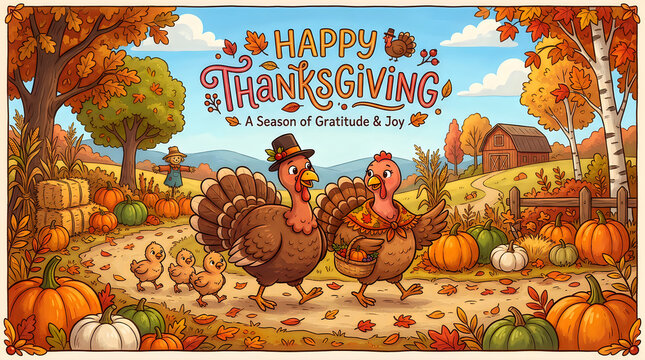 Happy thanksgiving greeting card featuring cute cartoon turkeys on a festive autumn farm background