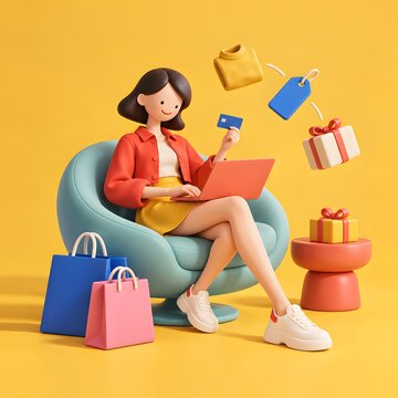 블랙프라이데이 패션 쇼핑과 온라인 구매 라이프스타일 3D 캐릭터 일러스트 Generating AI