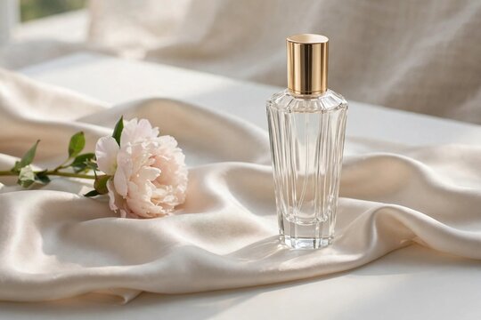 Elegant glass perfume bottle with silk fabric and peony flower in soft daylight, luxury product