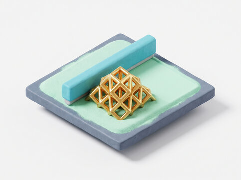 Powder bed fusion metal 3d printer recoater blade building golden lattice cube concept of additive manufacturing prototyping isolated on white background 3d render