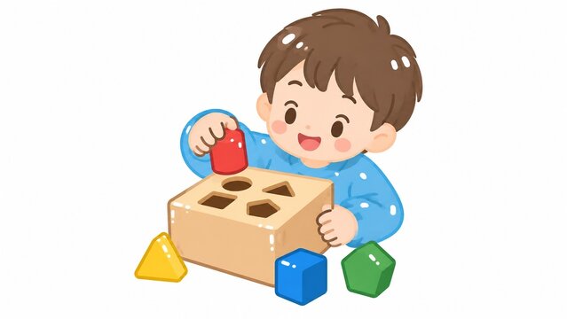 形合わせの木製おもちゃで楽しそうに遊ぶ小さな男の子、知育玩具と幼児の学び