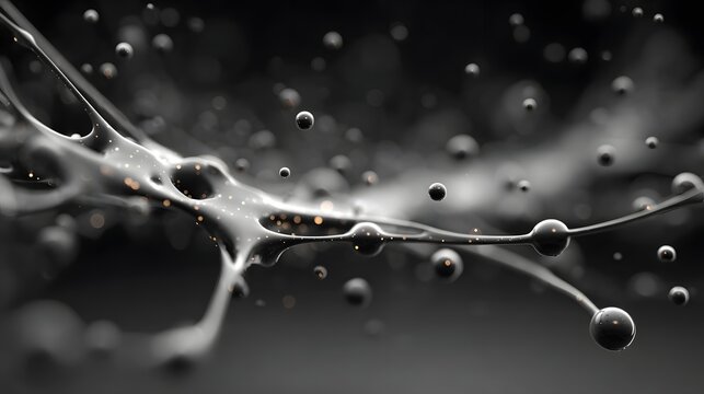 Abstract 3D render of organic liquid fluid structure with metallic droplets floating on dark backdrop.