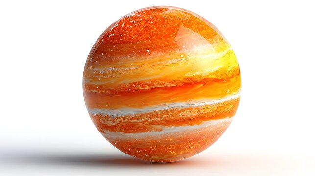 Hot Jupiter exoplanet sphere with orange swirling gas bands isolated on white background.