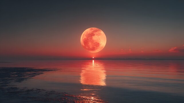 Giant red blood moon rising low over calm sea surface with water reflection at twilight dusk horizon.