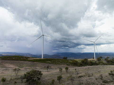 Wind farm with thunderstorm approaching