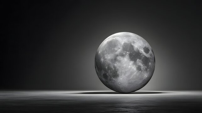Monochromatic black and white studio concept of realistic full moon sphere resting on smooth ground.