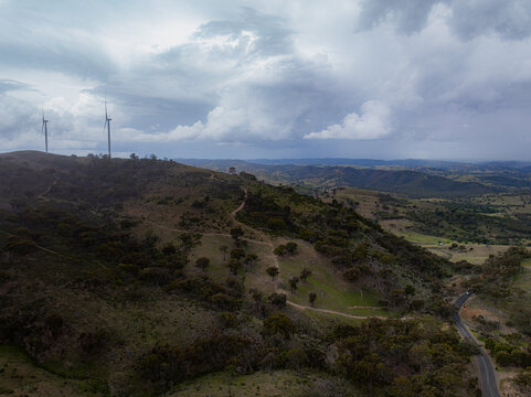 Wind farm with thunderstorm approaching