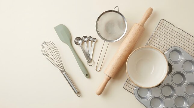 Set of various baking tools and kitchen utensils for making cake and bread on a clean table surface. beginner baking guide