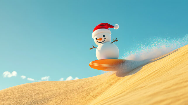 A snowman in a Santa hat on a snowboard slides down a sand dune on a sunny day