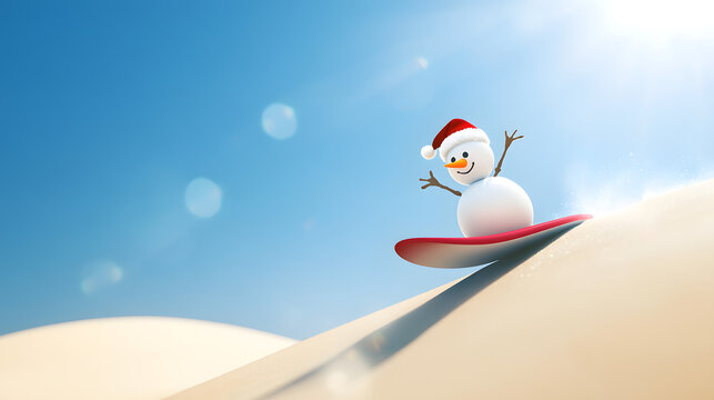 A snowman in a Santa hat on a snowboard slides down a sand dune on a sunny day
