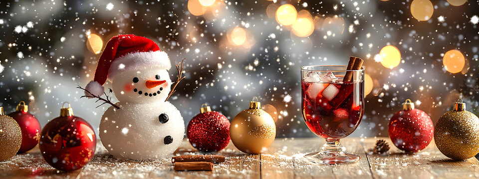 A snowman with a cup of mulled wine on a wooden floor surrounded by Christmas tree baubles against a dark background with falling snowflakes