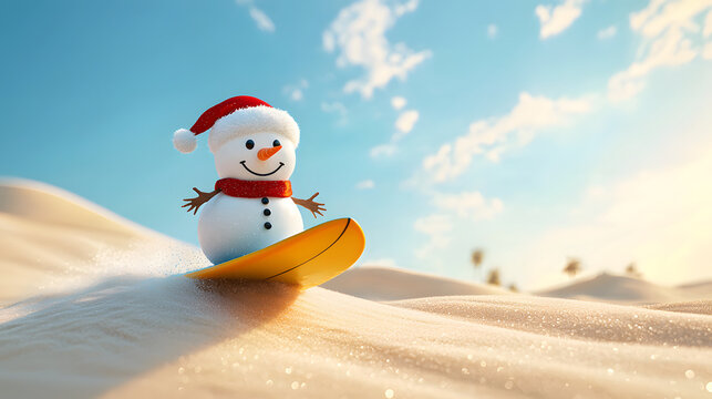 A snowman in a Santa hat on a snowboard slides down a sand dune on a sunny day