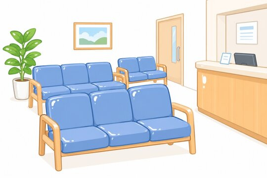 青いソファや受付カウンター、観葉植物が配置された明るく清潔感のある病院の待合室インテリア