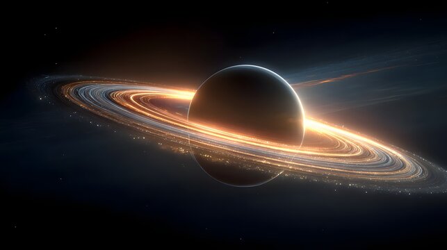 Luminous ringed planet surrounded by glowing particle rings against dark outer space cosmos background.