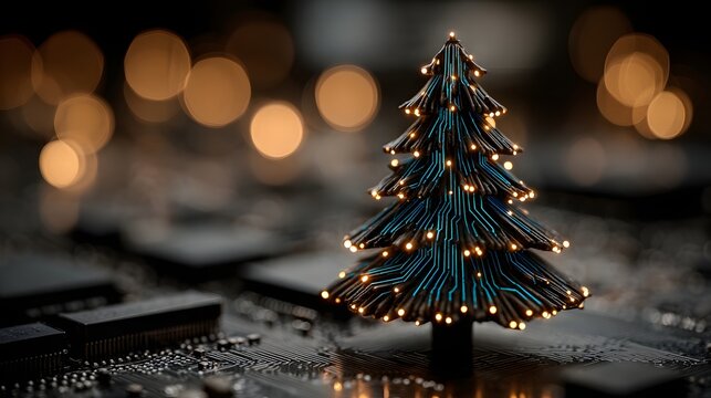 Futuristic Christmas tree made of electronic circuit board trails and glowing golden microchip lights.
