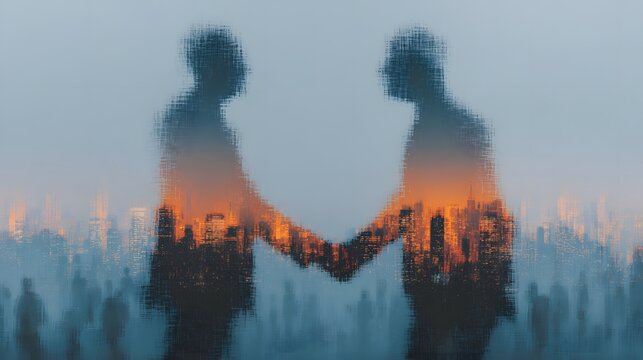 Double exposure illustration of business handshake merged with glowing urban cityscape background.