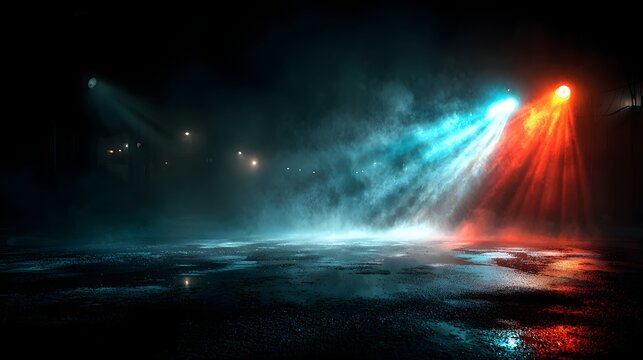 Dark empty wet street reflecting vibrant red and blue spotlight beams through misty night atmosphere.