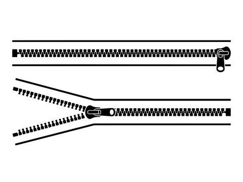 Black zipper vector set, closed and open metal zip fasteners, minimalist clothing hardware icons, fashion design sewing elements
