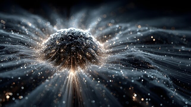 Radiant cyber data core emitting particles and light rays across fluid surface. Futuristic quantum computing backdrop.