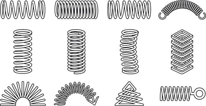 Metal spiral coil spring icon set with compression tension curved flexible mechanical wire bounce symbol outline vector