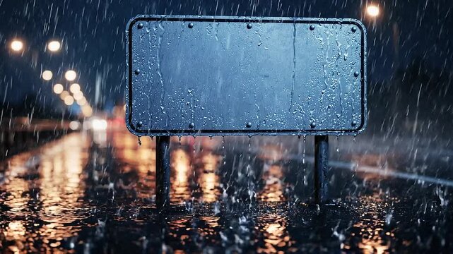 Blank metal billboard stands outdoors on a rainy night near a busy highway with blurred traffic lights shining in the background.