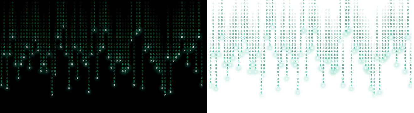 Green binary code falling numbers isolated on transparent background for digital tech