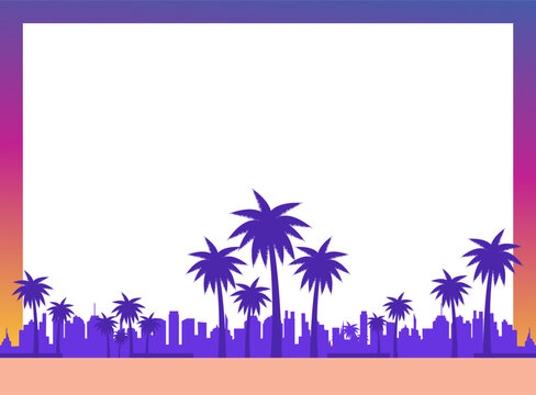 Synthwave purple sunset palm trees border frame banner background with copy space