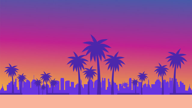 Retro 80s synthwave sunset landscape background with tropical palm trees silhouette
