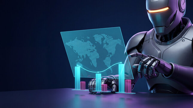 Robot analyzing global data with holographic comparison charts