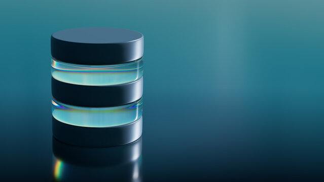 Rainbow Glass Core Between Teal Opaque Slabs, Round Five-Layer Stack, Wide Shot, Innovation Concept with copy-space.