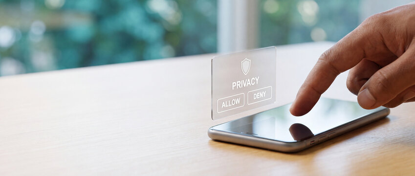 Privacy permission choice above a phone with hovering finger