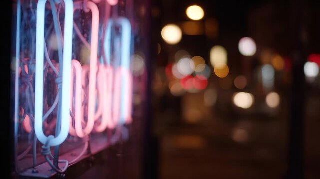 Neon signs glow brightly with pink and blue light along a dark urban street at night.