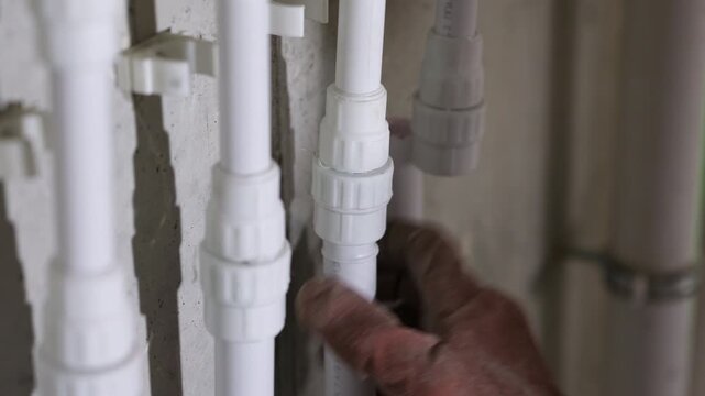 Plumber joining polypropylene water pipes during plumbing installation