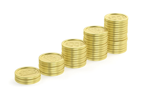 Stacks of golden Bitcoin coins on white background