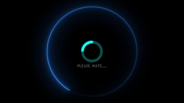 Loading circle animation displays please wait typography inside a ring. Software buffering progress data updates on loading circle. Waiting verification runs on it.