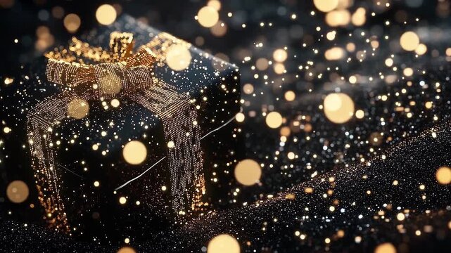 Black gift box with sparkling golden ribbon and shimmering light particles on a dark background generated.AI