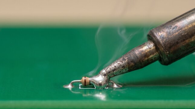 Soldering iron melting solder on a green printed circuit board component