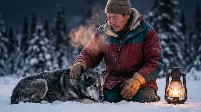 An older indigenous man in warm winter clothing kneels in the snow, gently petting a resting wolf dog beside a glowing vintage lantern in a dark forest