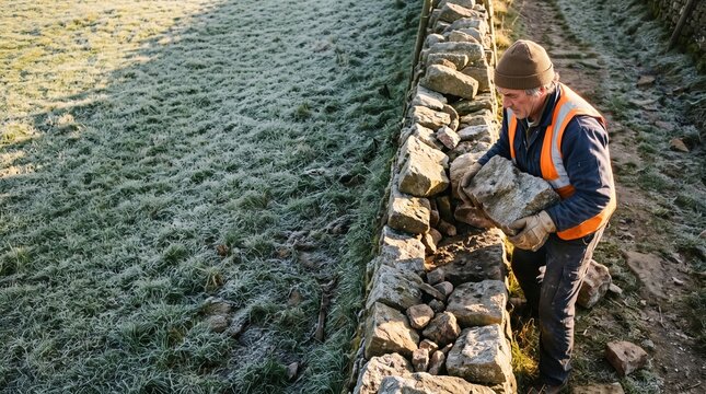 Skilled craftsman building and repairing a traditional dry stone wall in a frosty rural meadow during a sunny winter morning, wearing a high visibility vest and protective gloves