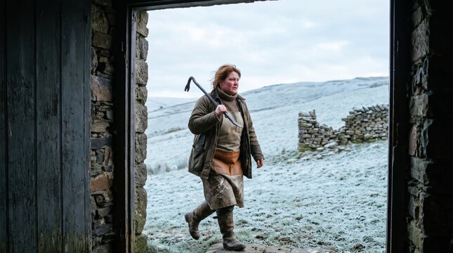 A hardworking female farmer wearing a leather apron and boots walks toward a stone barn doorway while carrying a metal crowbar across frosty winter hills