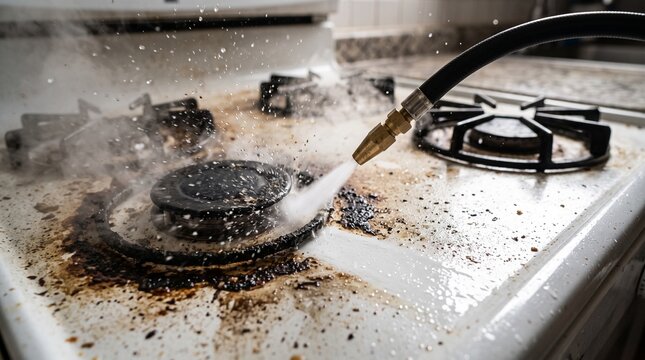 Deep cleaning dirty kitchen stove with steam jet cleaner nozzle device