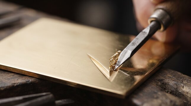 Engraver carving detailed shapes into a shiny brass plate with a sharp tool